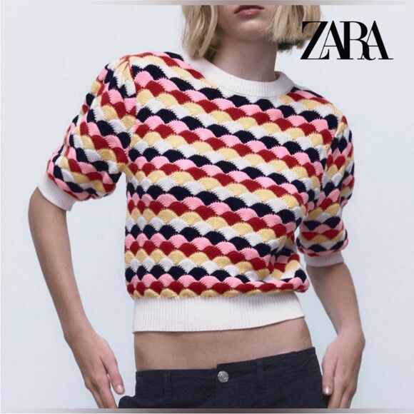 ZARA Puff Sleeve Multicolor Cropped Knit Sweater Size M - Picture 1 of 11